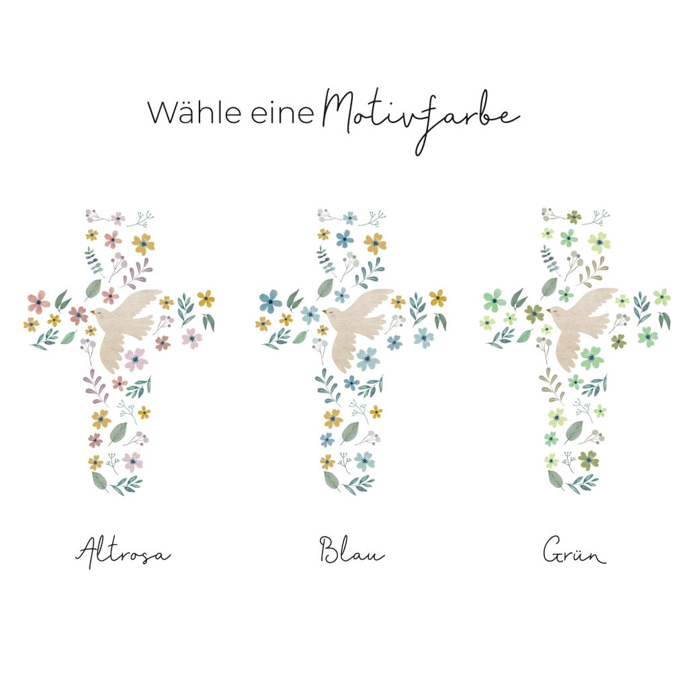 Kommunionkerze Kreuz mit Taube in drei Farben: Altrosa, Blau, Grün