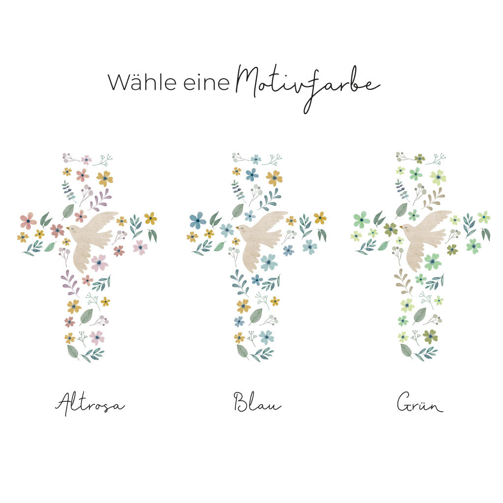 Kommunionkerze Kreuz mit Taube in drei Farben: Altrosa, Blau, Grün