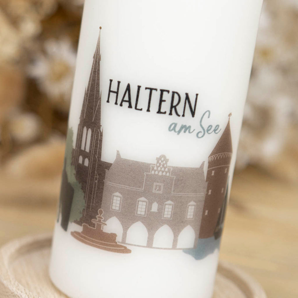 Geschenkkerze mit dem Stadtbild von Haltern am See