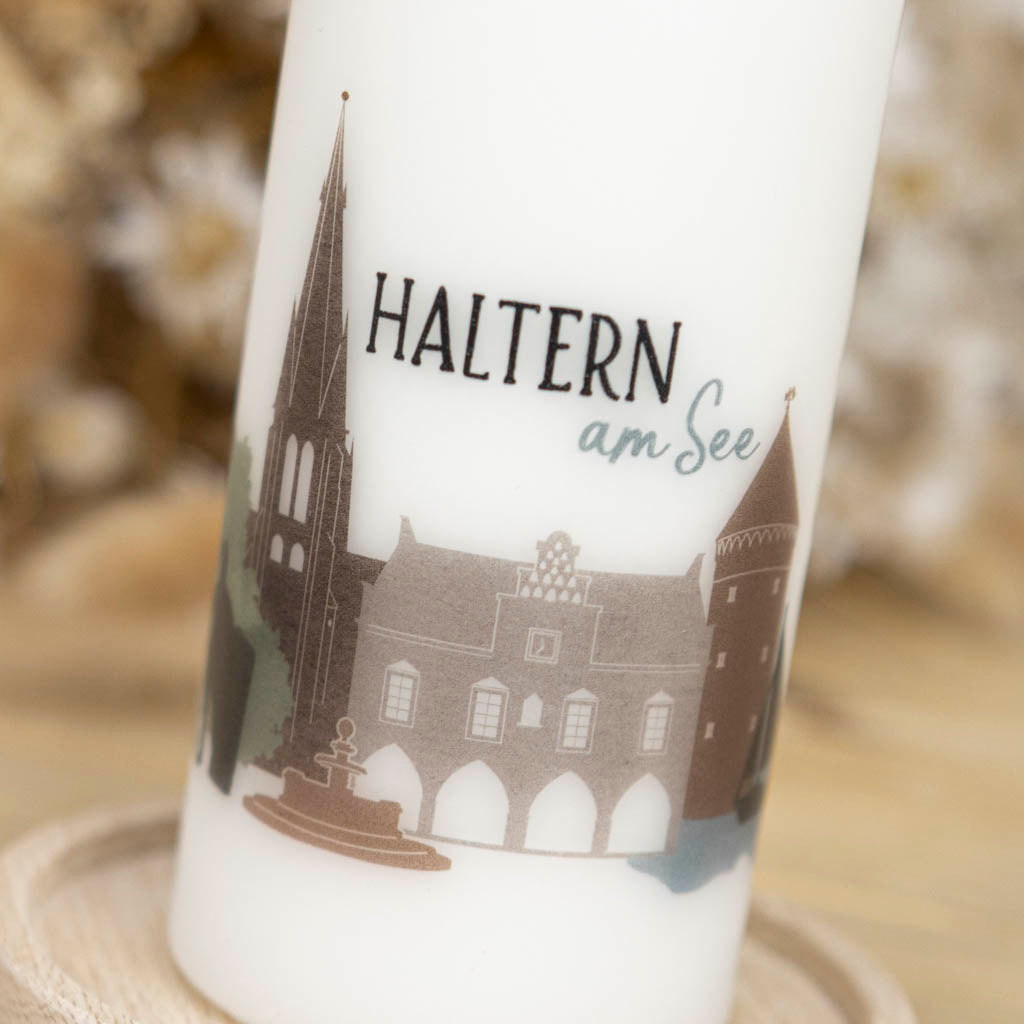 Geschenkkerze mit dem Stadtbild von Haltern am See