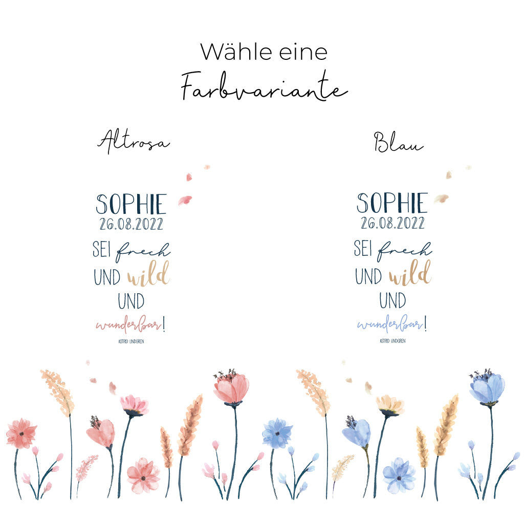 Taufkerze Blumenwiese Sophie in den Farbwelten Altrosa und Blau