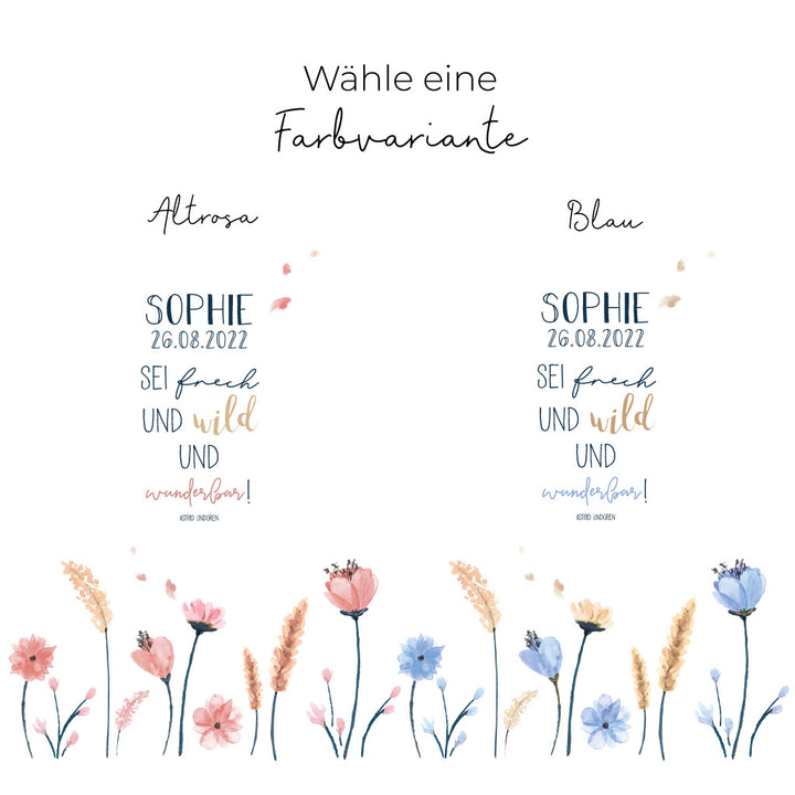 Taufkerze Blumenwiese Sophie in den Farbwelten Altrosa und Blau
