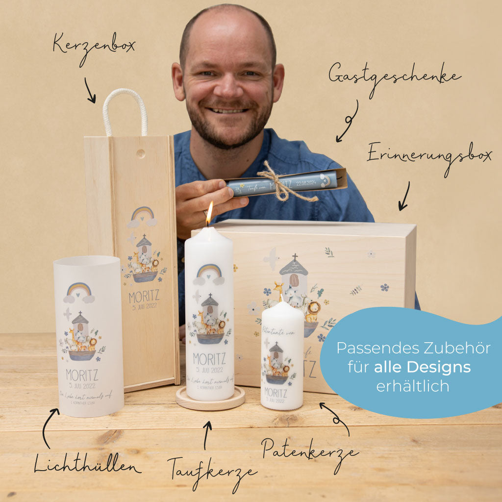 Passendes Zubehör zur Taufkerze: Kerzenbox, Lichthüllen, Patenkerze, Gastgeschenke und Erinnerungsbox