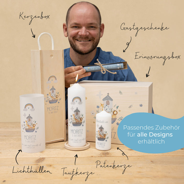 Passendes Zubehör zur Taufkerze: Kerzenbox, Lichthüllen, Patenkerze, Gastgeschenke und Erinnerungsbox