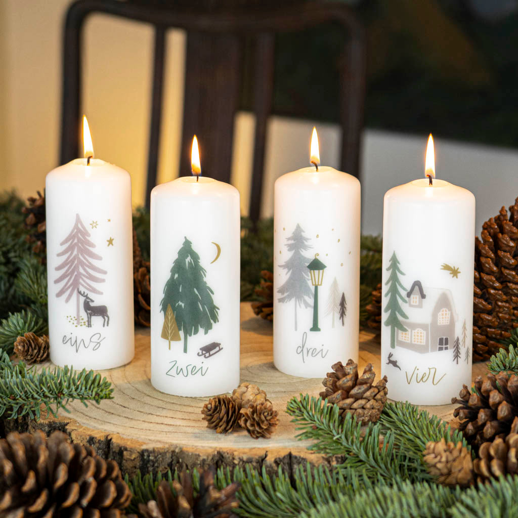 Adventskerzen mit Zahlen 4er Set Winterwald - alle vier Motive