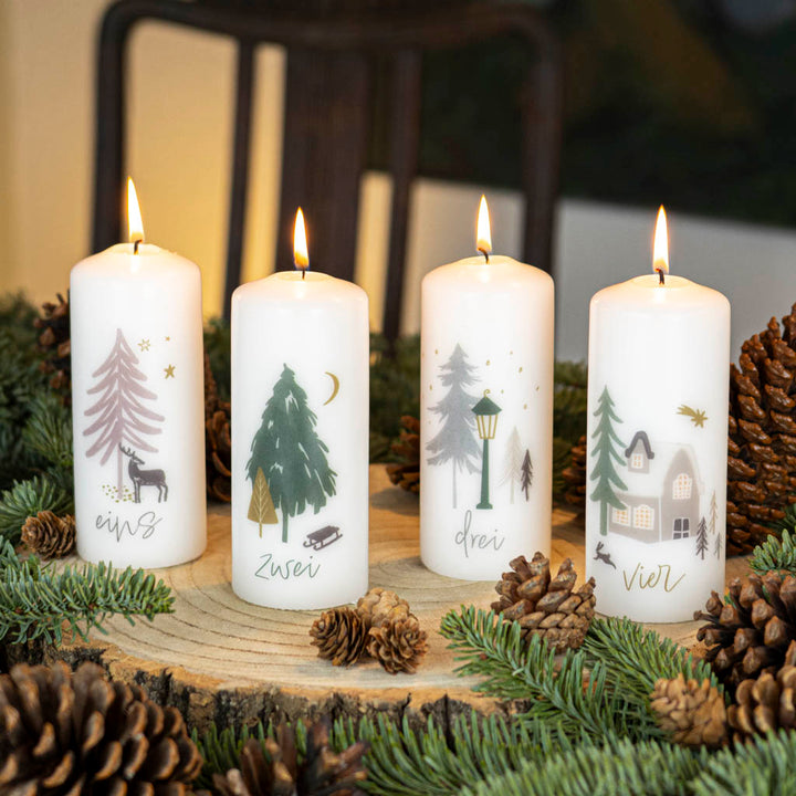 Adventskerzen mit Zahlen 4er Set Winterwald - alle vier Motive