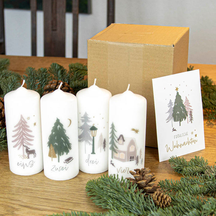 Adventskerzen Winterwald Set mit Verpackung und Grusskarte - Weihnachtsgeschenk