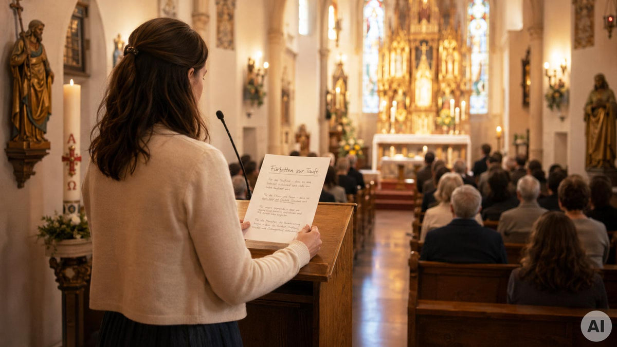 Frau liest bei einer Taufe die Fürbitten vom Blatt vor, Gemeinde im Hintergrund