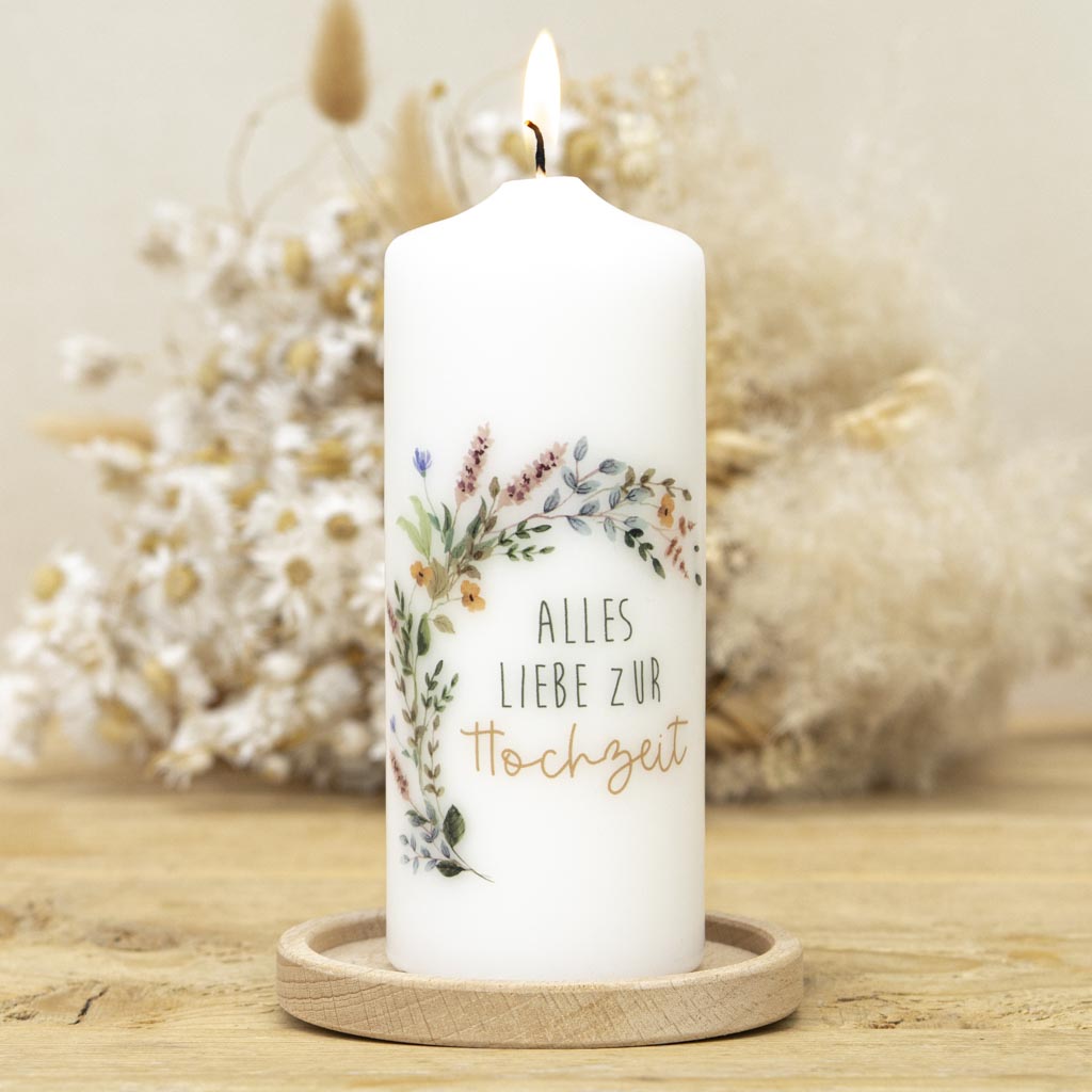 Stabkerze Geschenkkerze zur Hochzeit mit Kerzenhalter aus Holz