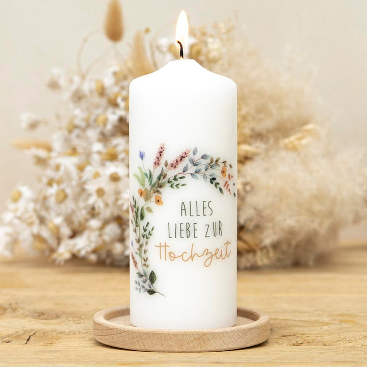 Stabkerze Geschenkkerze zur Hochzeit mit Kerzenhalter aus Holz