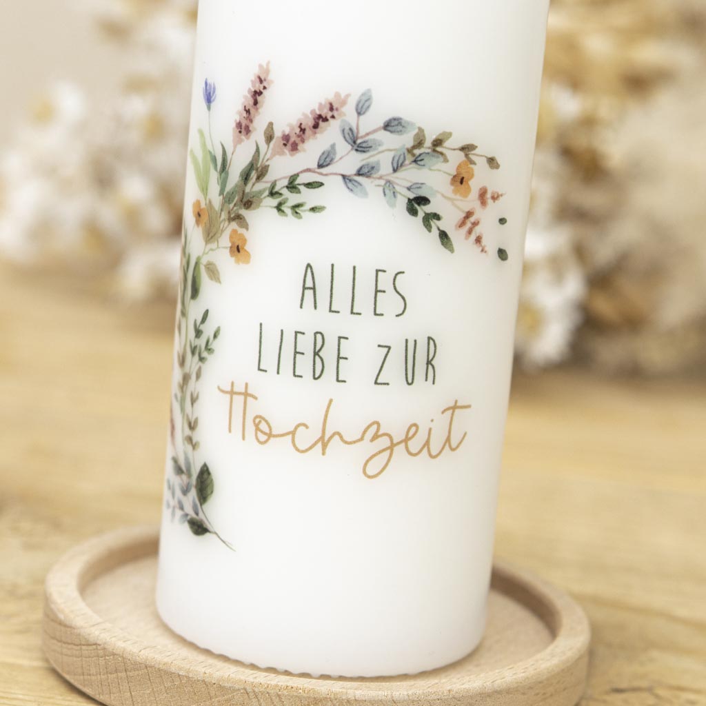 Hochzeitsgeschenk Kerze mit Blumenkranz, handmade in Haltern am See