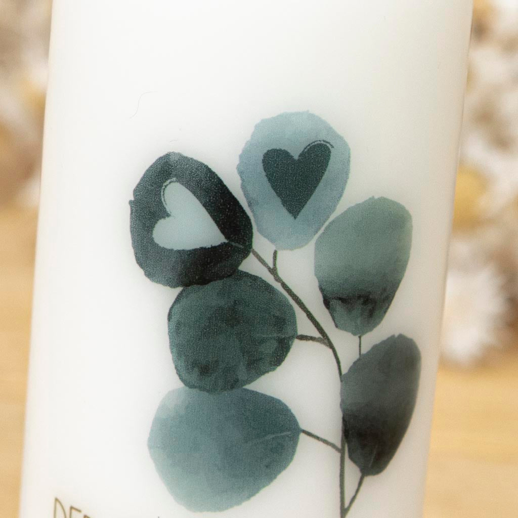 Geschenkkerze Kerze verschenken Hochzeit Eukalyptus und Herzen