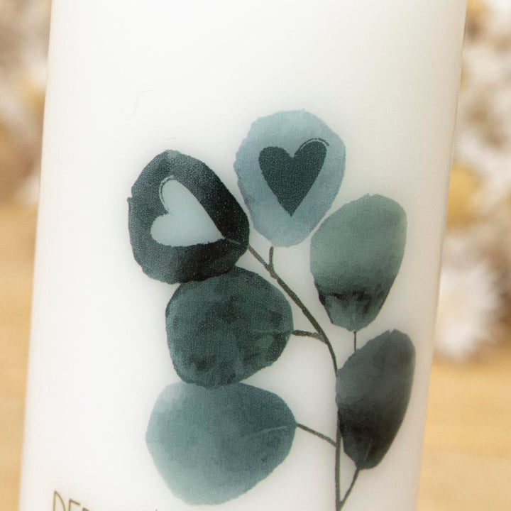 Geschenkkerze Kerze verschenken Hochzeit Eukalyptus und Herzen