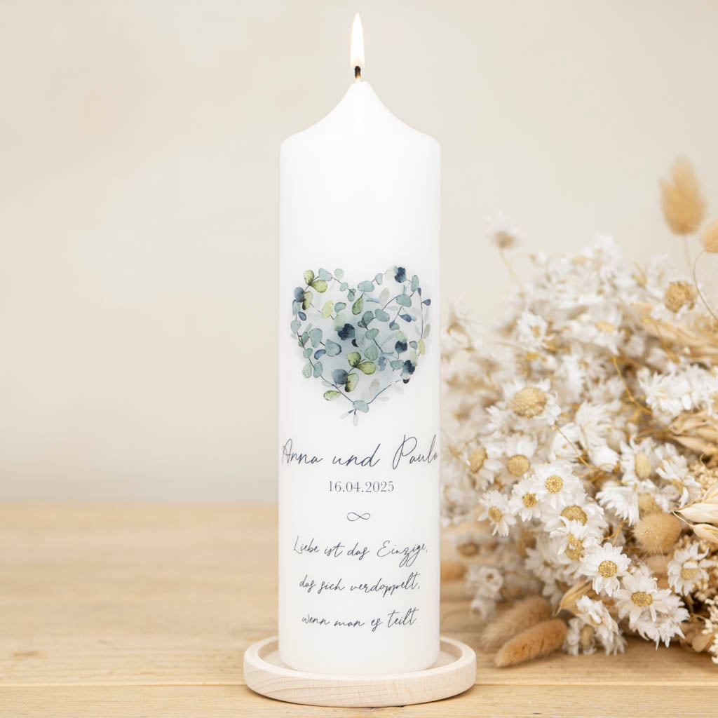 Personalisierte Hochzeitskerze Eukalyptus mit Namen, Hochzeitsdatum und frei wählbarem Trauspruch