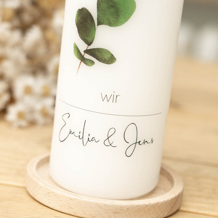 Hochzeitskerze Eukalyptus Zweig mit Trauspruch