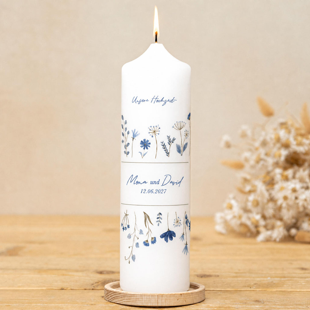 Hochzeitskerze Floral mit Blauen Blumen