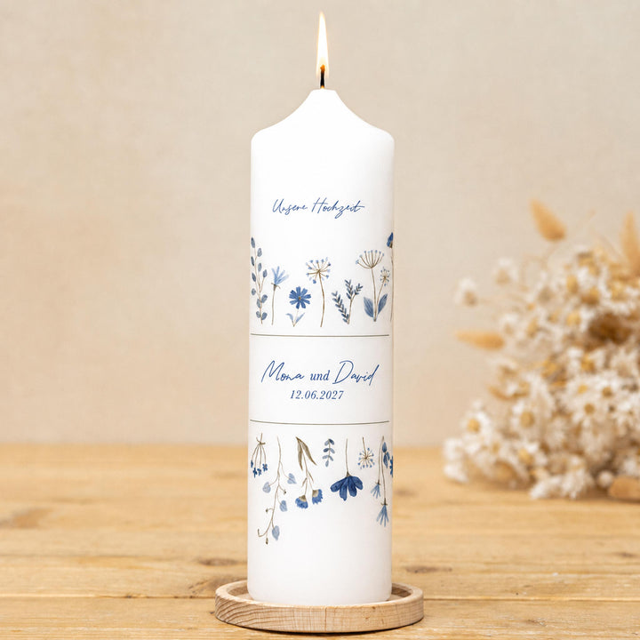 Hochzeitskerze Floral mit Blauen Blumen