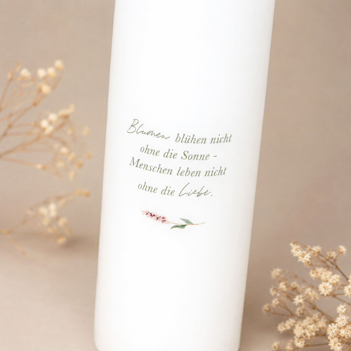 Rückseite der Hochzeitskerze Floral mit frei wählbarem Trauspruch und Blütenzweig