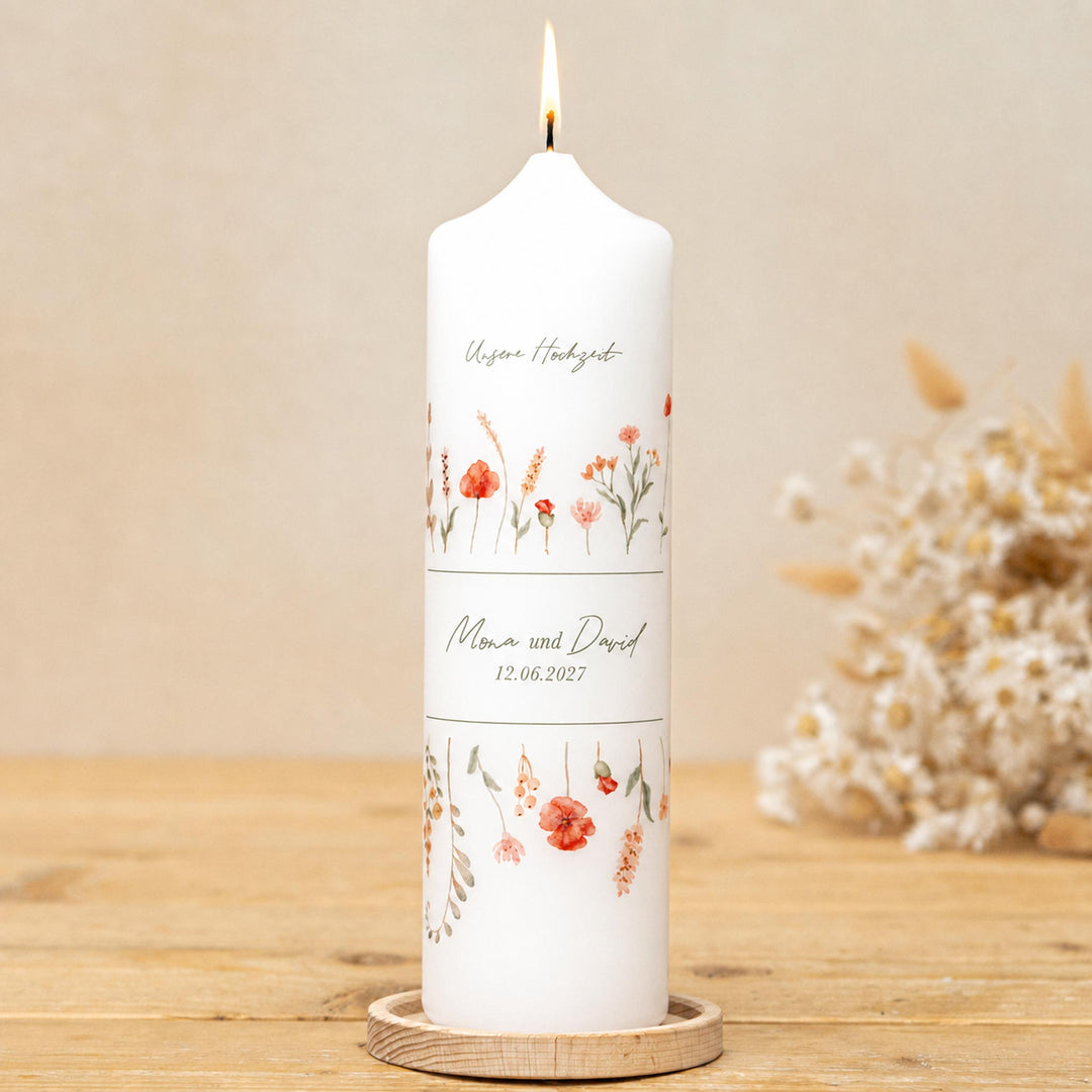 Hochzeitskerze Floral mit roten Blumen Mohnblumen und Gräser