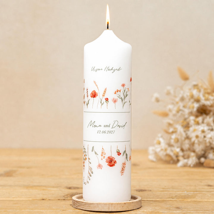 Hochzeitskerze Floral mit roten Blumen Mohnblumen und Gräser
