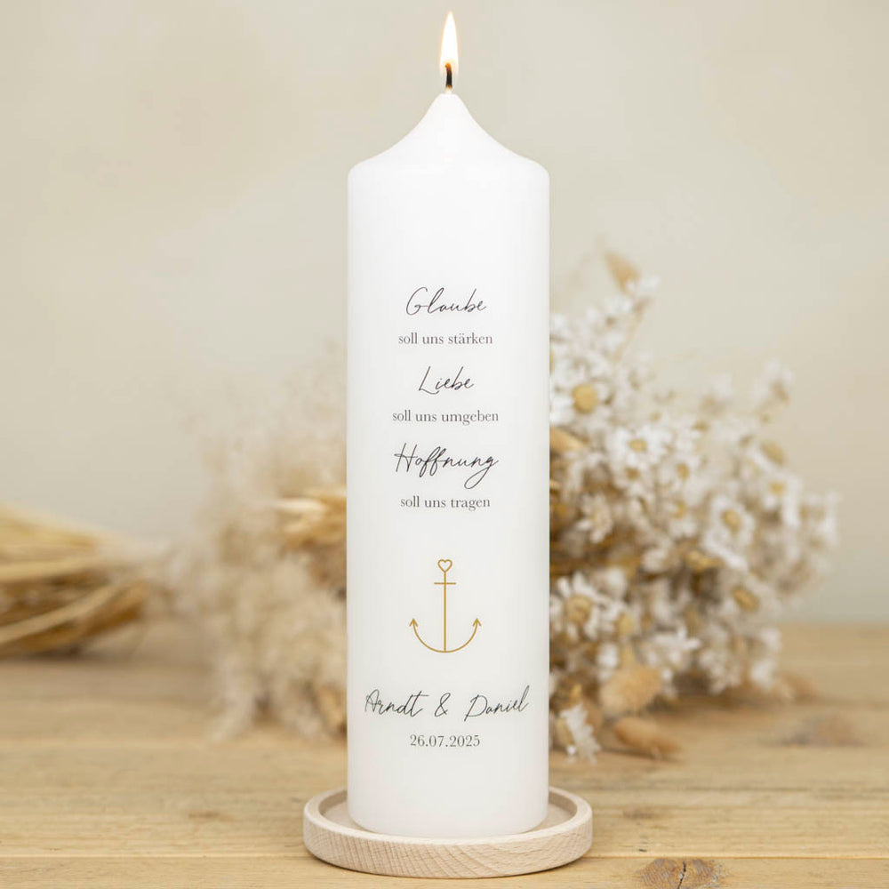 Hochzeitskerze Glaube Liebe Hoffnung mit goldenem Anker