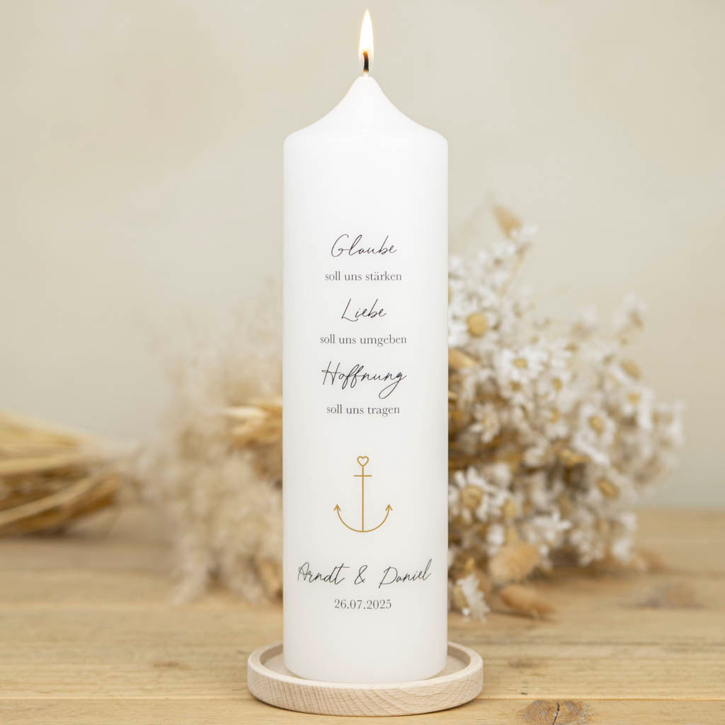 Hochzeitskerze Glaube Liebe Hoffnung mit goldenem Anker