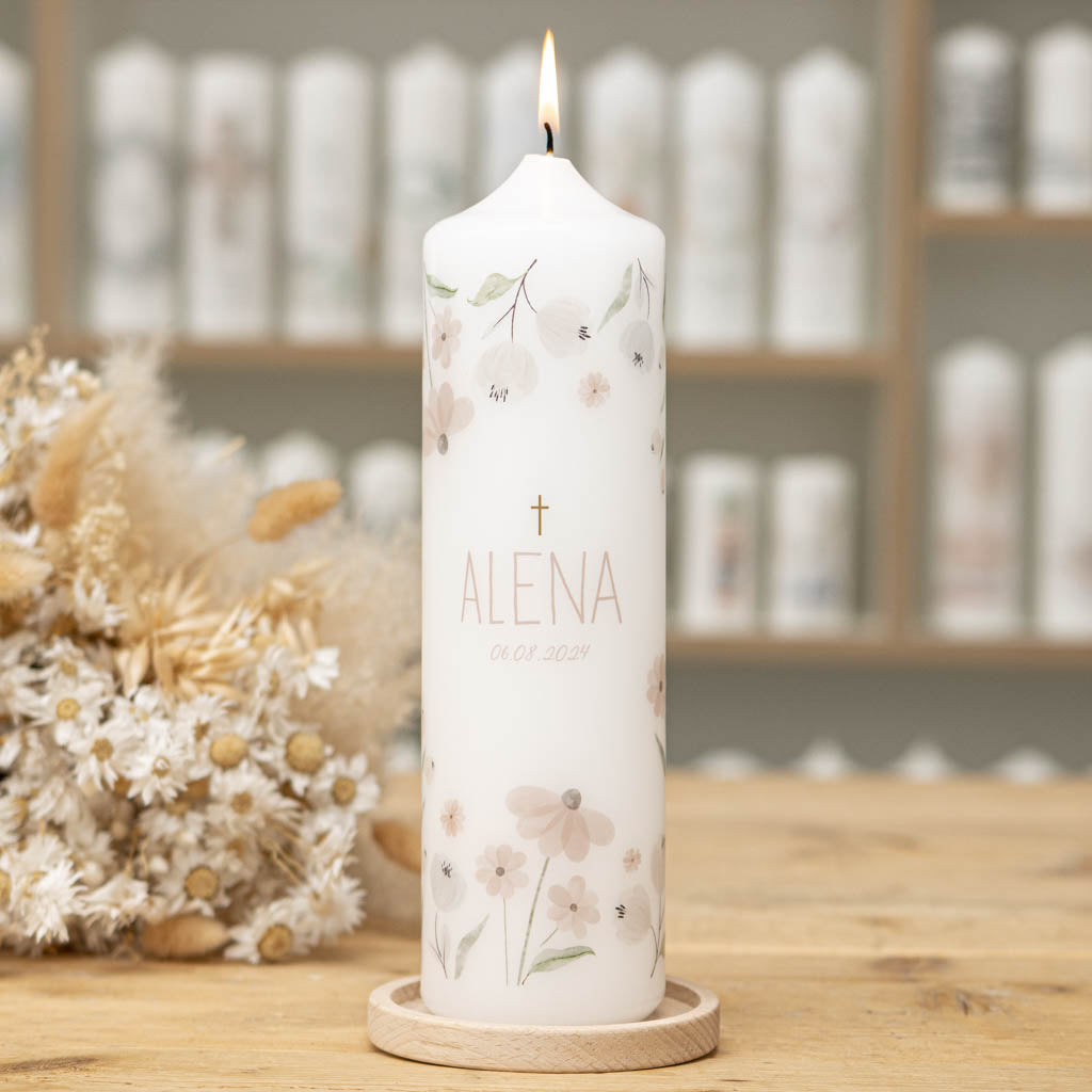 Kommunionkerze Blumenwiese mit Kerzenhalter Holz