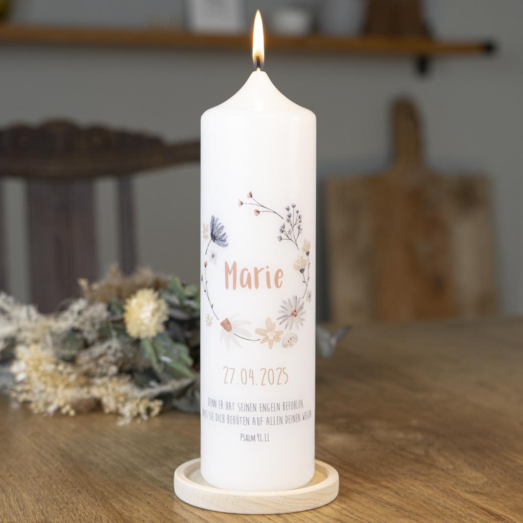 Kommunionkerze Blumenkranz mit Name und Datum