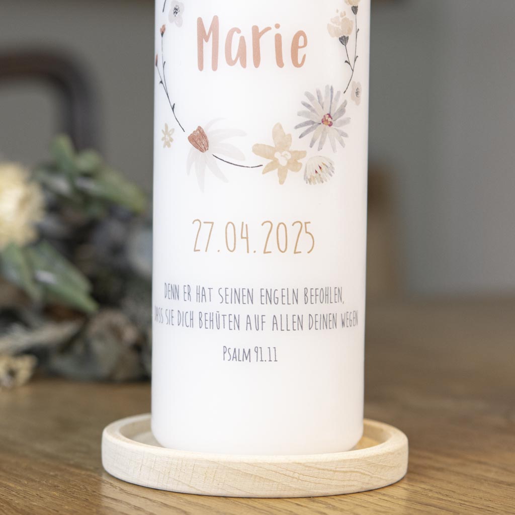 Kommunionkerze Blumenkranz mit Spruch