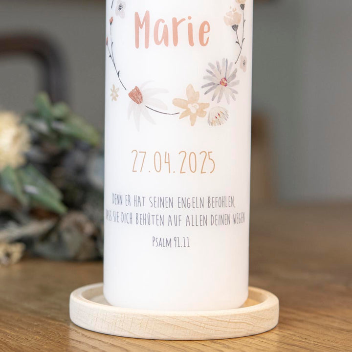 Kommunionkerze Blumenkranz mit Spruch