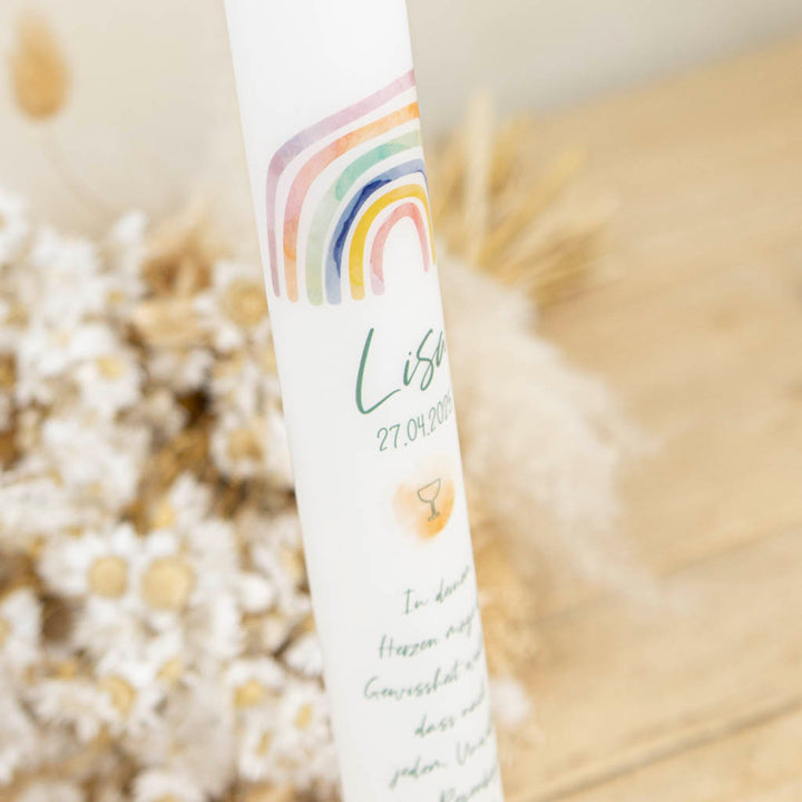 Kommunionkerze Regenbogen pastell, auch zur Konfirmation