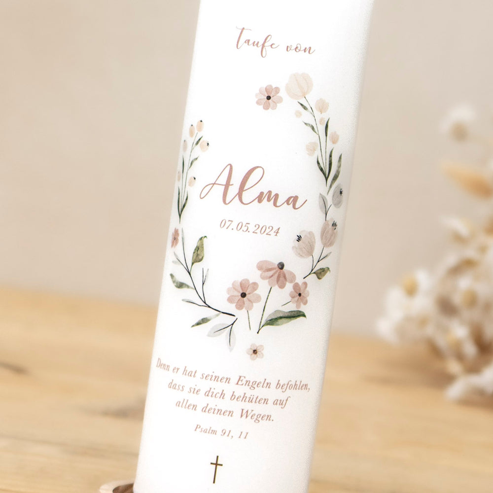 Taufkerze Floral personalisiert mit Name, Taufdatum und Taufspruch