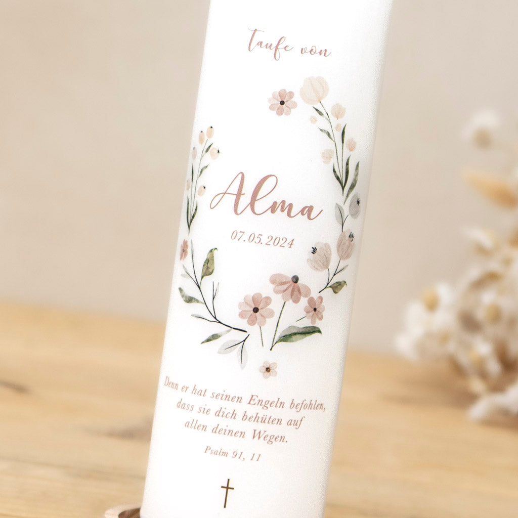 Taufkerze Floral personalisiert mit Name, Taufdatum und Taufspruch