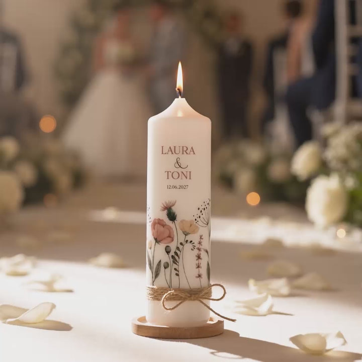 Hochzeitskerze Blumen mit Juteband bei einer Hochzeitsfeier