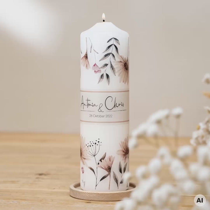 Hochzeitskerze mit Blumen, Namen und Datum