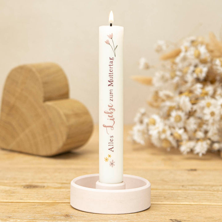 Muttertagskerze Alles Liebe zum Muttertag mit Blumenmotiv im Stabkerzenhalter