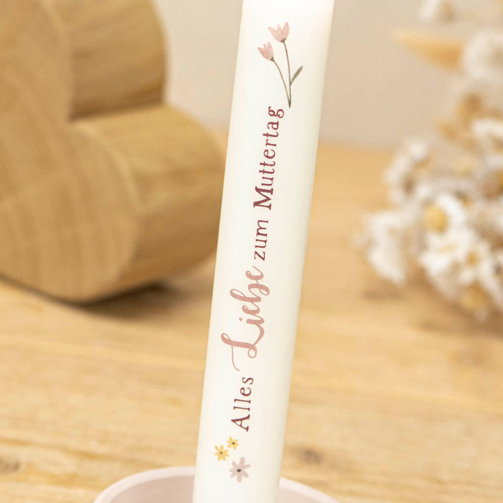 Muttertagsgeschenk: cremefarbene Stabkerze mit Blumenmotiv in Altrosa