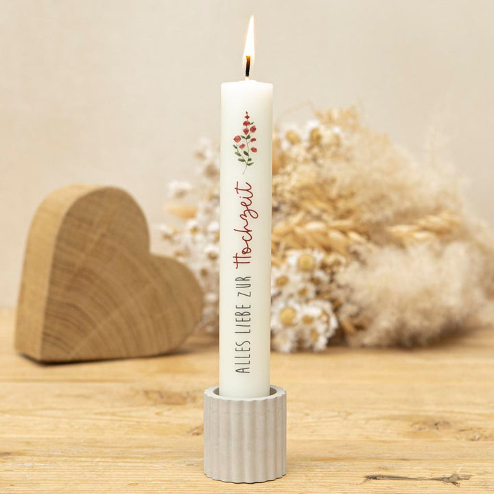 Kleines Geschenk zur Hochzeit - Stabkerze in Creme mit grauem Stabkerzenhalter