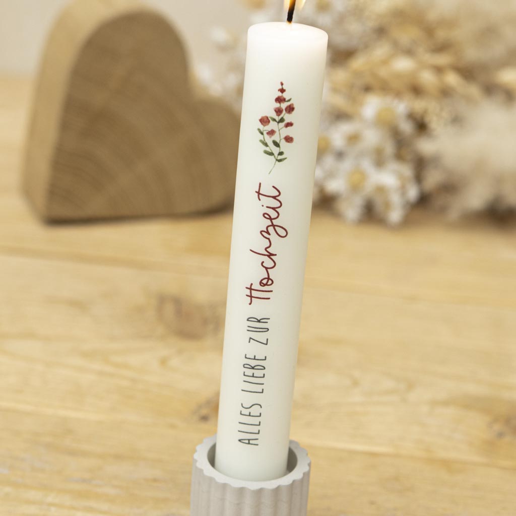 Stabkerze Alles Liebe zur Hochzeit mit Rosenmotiv als Symbol der Liebe