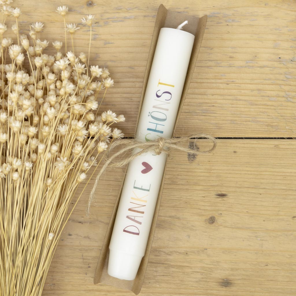 Stabkerze Dankeschön in Creme mit Kraftpapierverpackung und Jutekordel