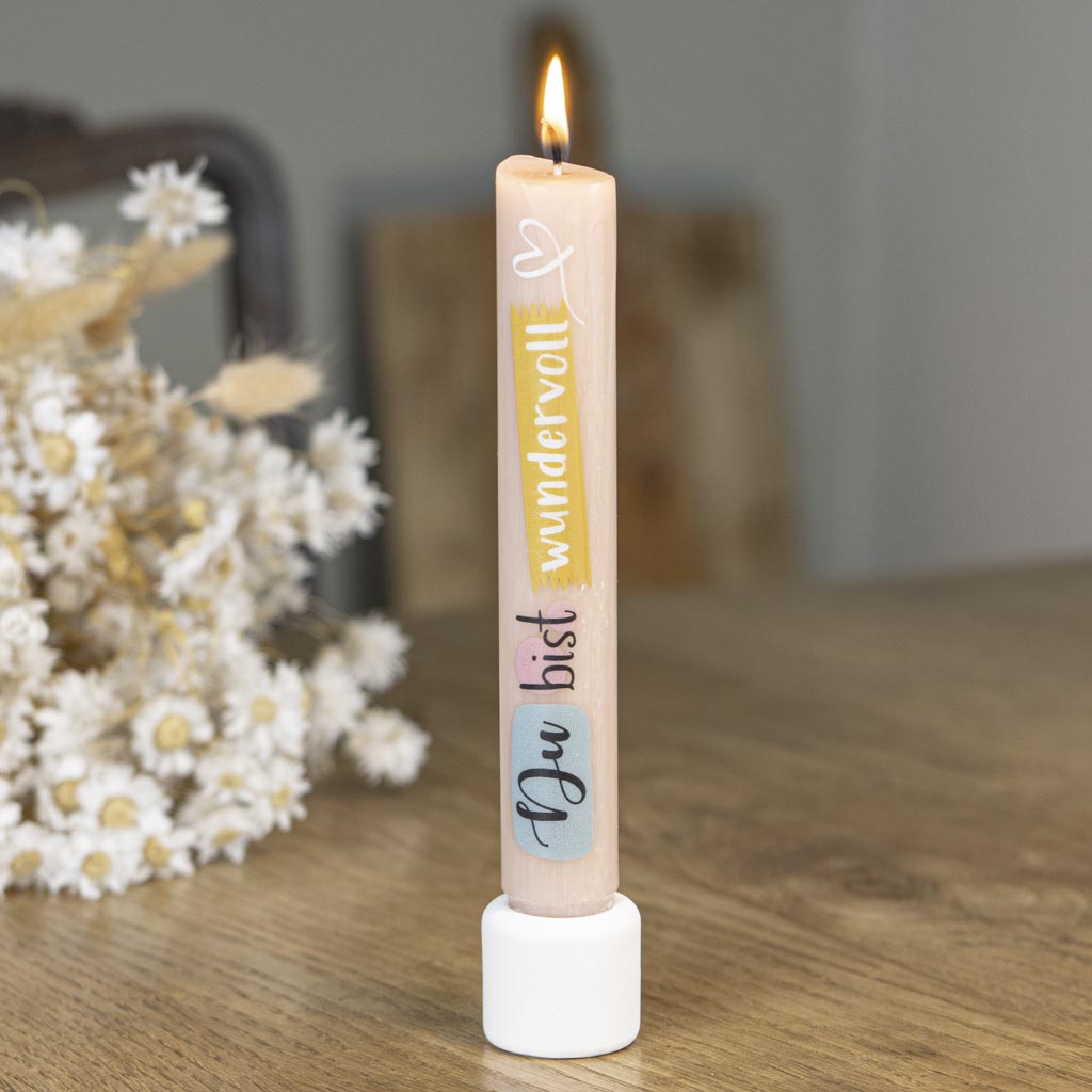 Stabkerze Du bist wundervoll in Apricot mit modernem Schriftzug