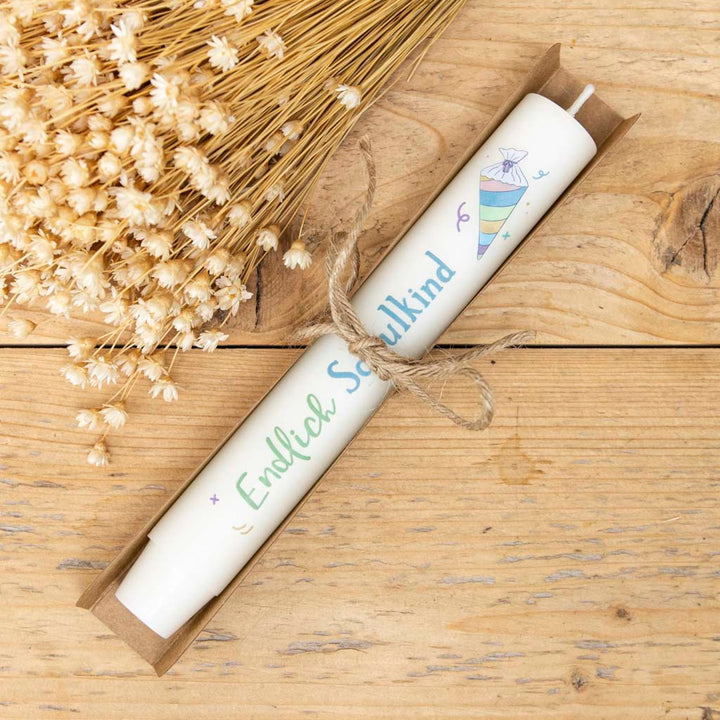 Stabkerze Einschulung Endlich Schulkind mit Verpackung – Geschenk Einschulung Junge und Mädchen