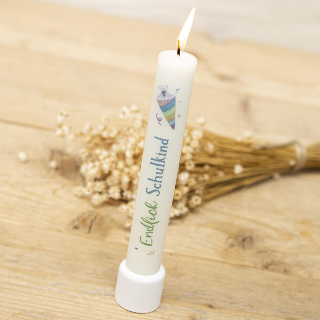 Stabkerze Endlich Schulkind creme – Geschenk zur Einschulung für Mädchen und Jungen