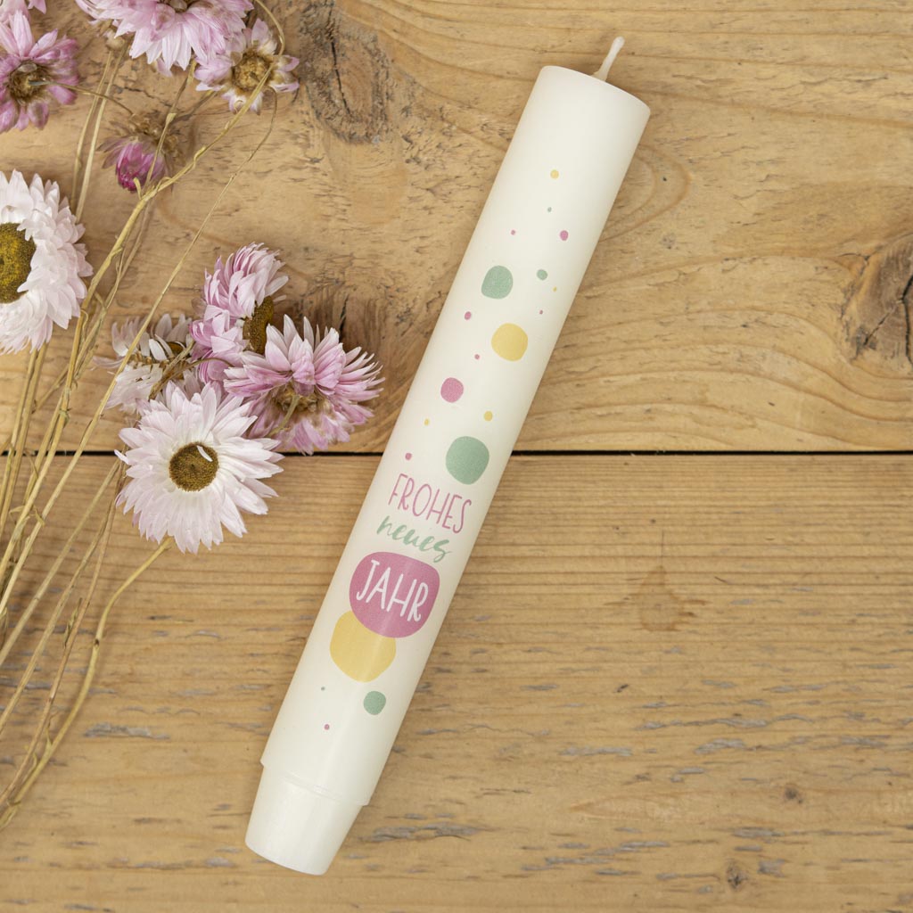 Stabkerze Frohes neues Jahr mit Konfetti- und Sektperlen-Motiv in Creme