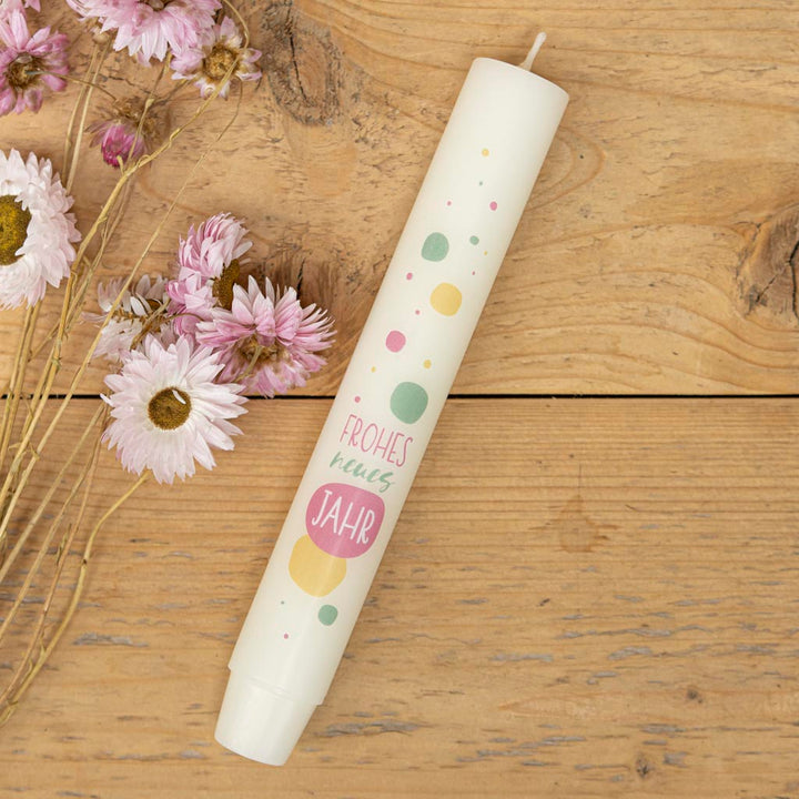 Stabkerze Frohes neues Jahr mit Konfetti- und Sektperlen-Motiv in Creme