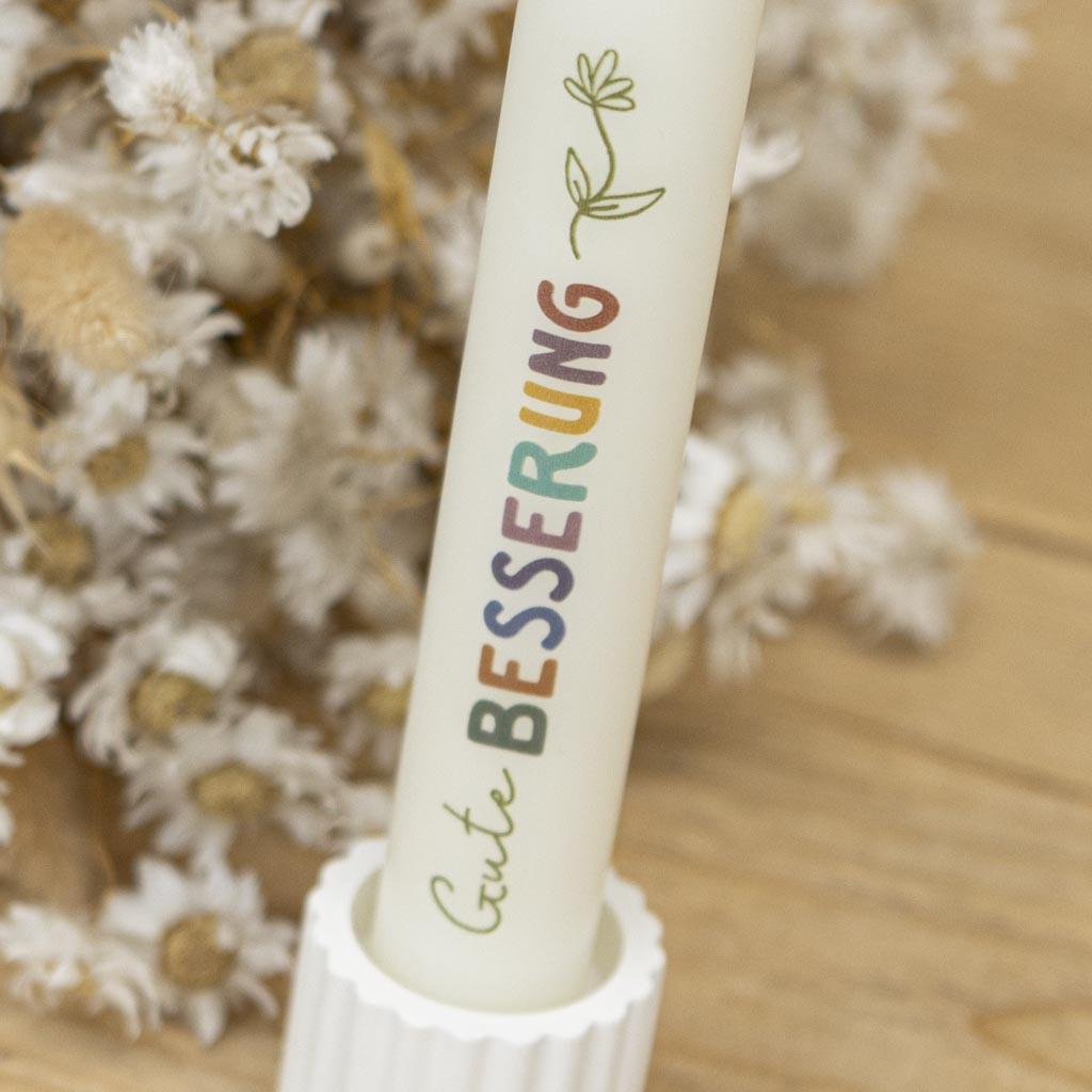 Stabkerze Gute Besserung Creme mit geriffeltem Kerzenhalter