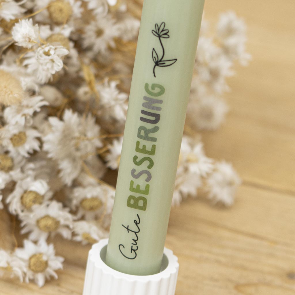 Stabkerze Gute Besserung Salbei mit Blumenmotiv und Schriftzug