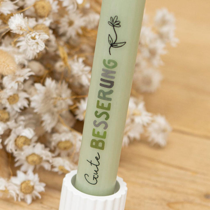 Stabkerze Gute Besserung Salbei mit Blumenmotiv und Schriftzug