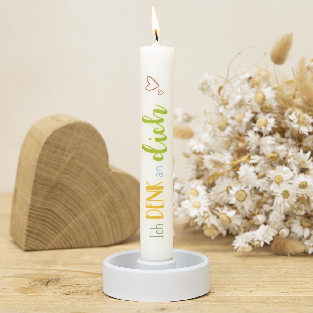 Stabkerze Ich denk an dich in Creme als Geschenk mit Stabkerzenhalter