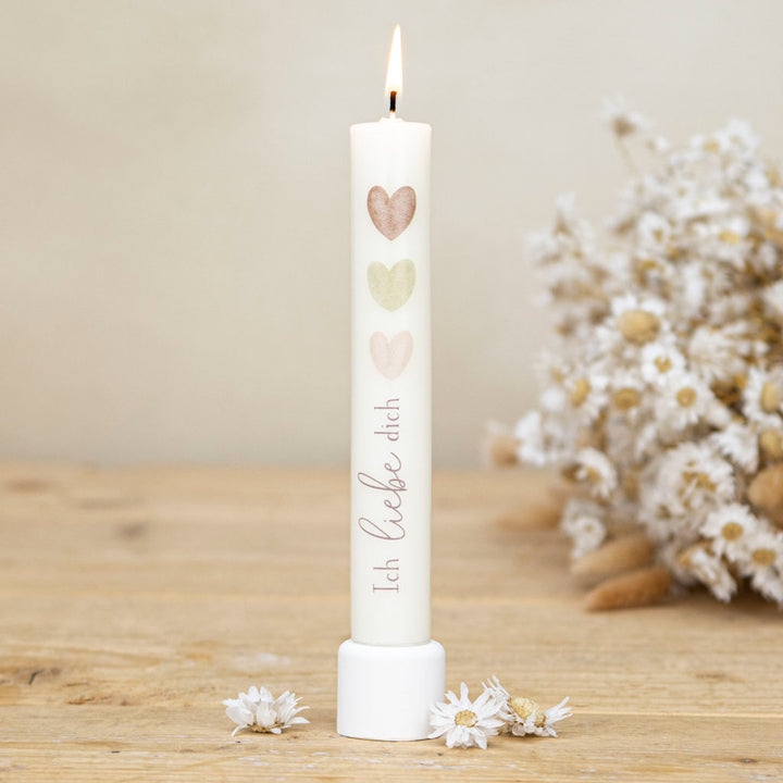 Stabkerze Ich liebe dich in Creme mit Herzen